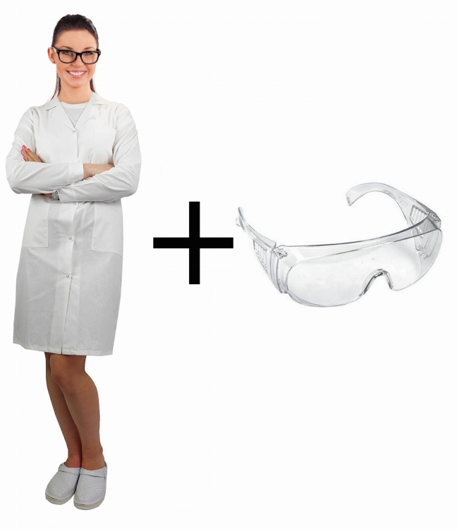 Ženski laboratorijski set s medicinskim kutama i naočalama.