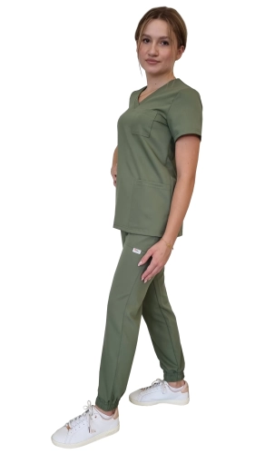 Oliwkowy komplet medyczny damski – scrubs CASUAL PREMIUM