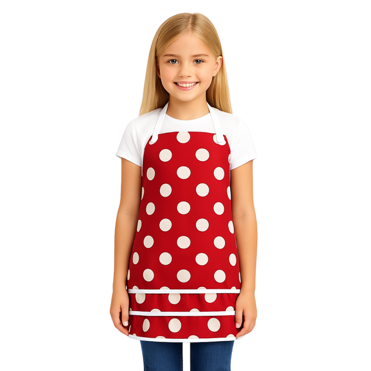 czerwony fartuch kuchenny dla dzieci w białe kropki