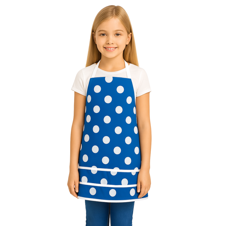 Stylowy fartuch kuchenny dla dzieci w białe kropki