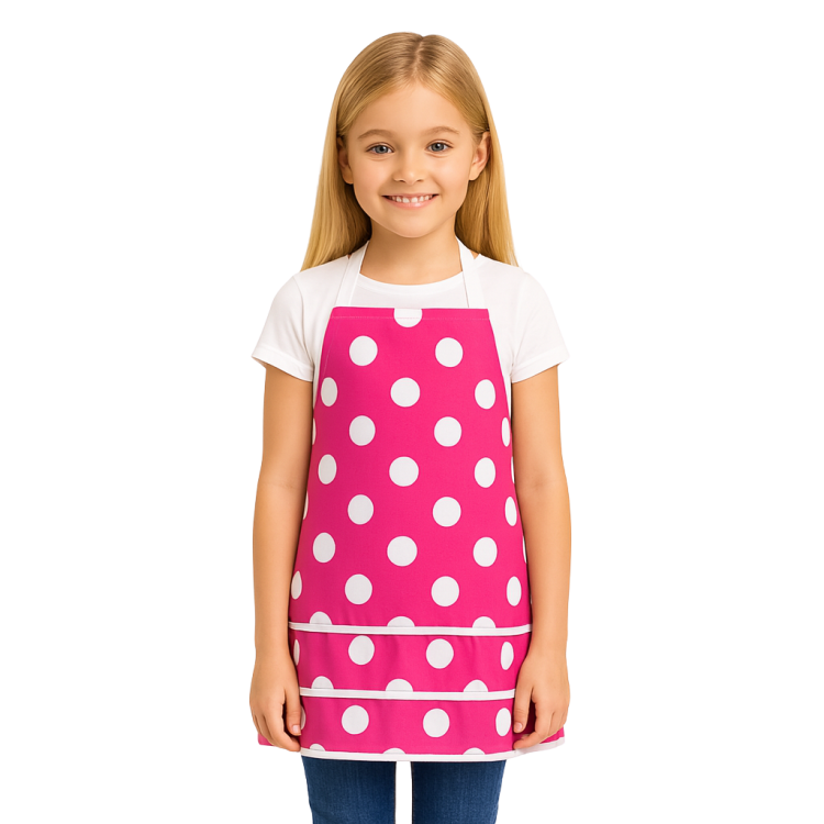 Stylowy fartuch kuchenny dla dzieci w białe kropki