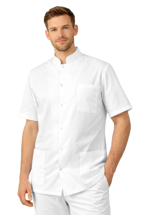 Biała bluza lekarska męska ze stójką i krótkim rękawem