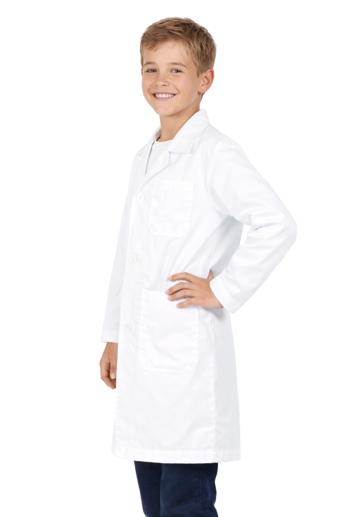Fartuszek medyczny dzieciecy malego lekarza widok chłopca z boku.png