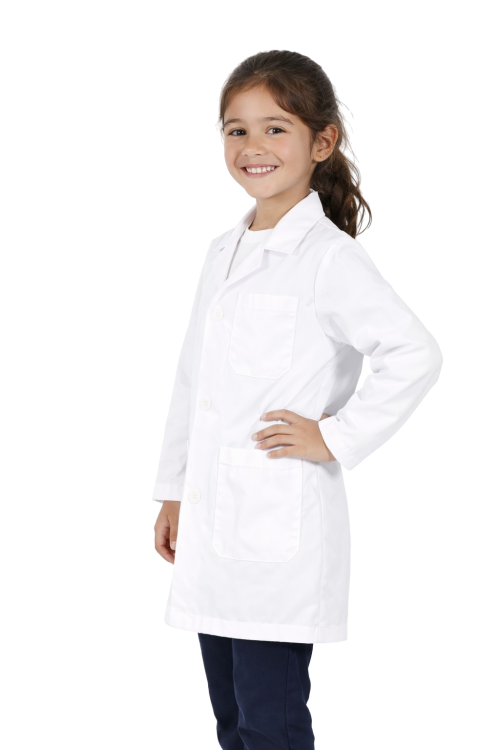 Fartuszek medyczny dzieciecy malego lekarza widok dziewczynki widok z boku.png
