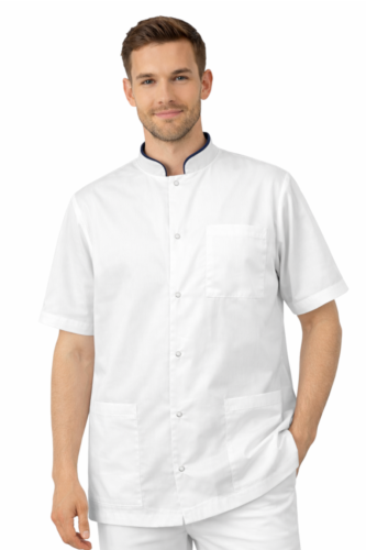 Biała bluza lekarska męska z granatową stójką