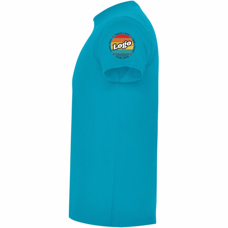 T-shirt koszulka turkusowa personalizowana Twój własny nadruk logo kreator online lewy bok.jpg