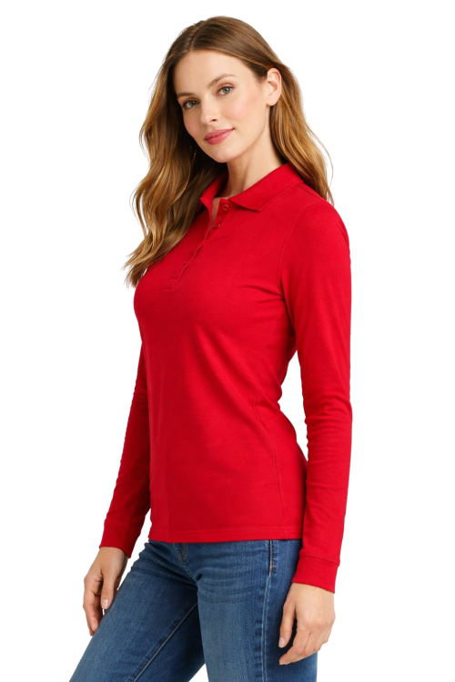 Koszulka polo damska długi rękaw czerwona lewy bok.png