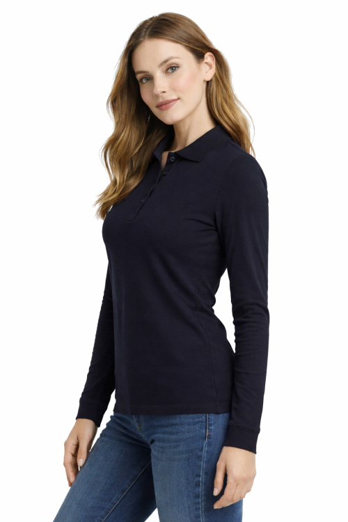 Koszulka polo damska długi rękaw granatowa lewy bok.png