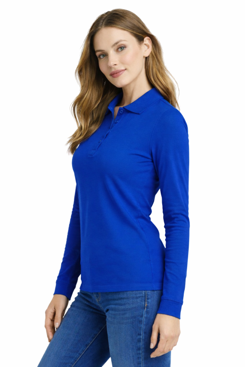 Koszulka polo damska długi rękaw chabrowa lewy bok.png