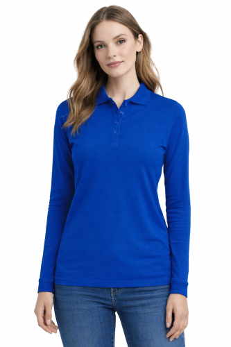 Koszulka polo damska długi rękaw chabrowa przód.png