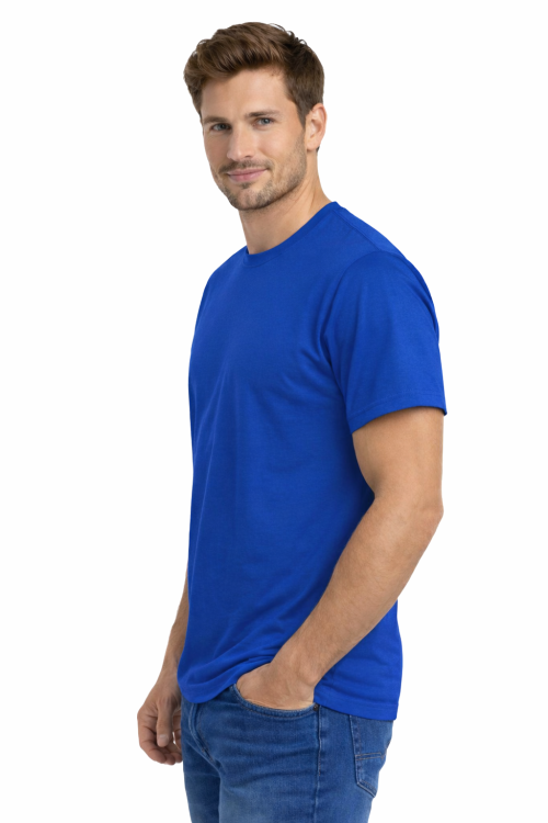 T-shirt męski krótki rękaw 100% bawełna kolor chabrowy widok z boku.png