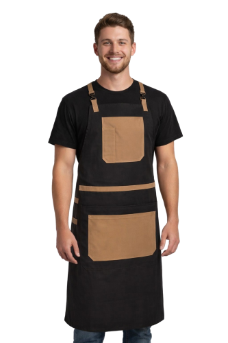 Fartuch baristy grillowy canvas z kieszeniami czarny z beżowymi dodatkami.png