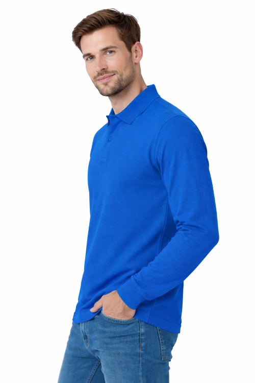 Koszulka polo męska z długim rekawem chabrowa widok z boku.png