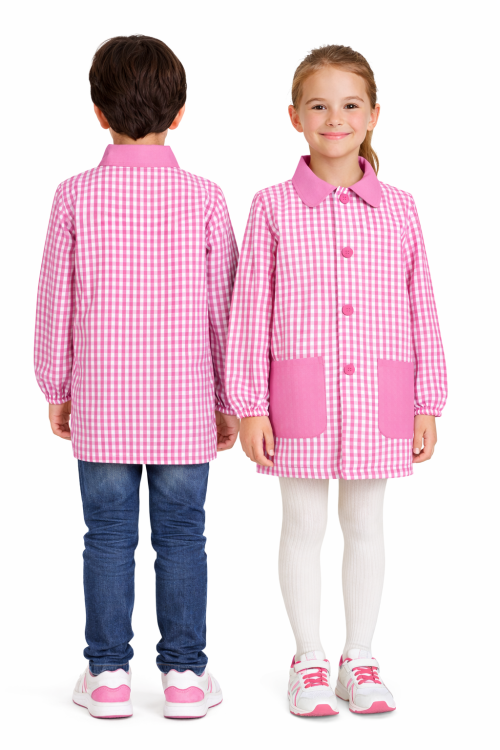 Fartuszek dziecięcy w różową kratę zapinany na guziki.png