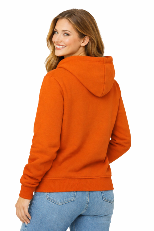 Bluza damska z kapturem kieszeniami pomarańczowa widok z tyłu.png