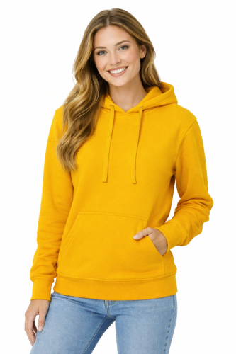 Bluza damska z kapturem kieszeniami żółta.png