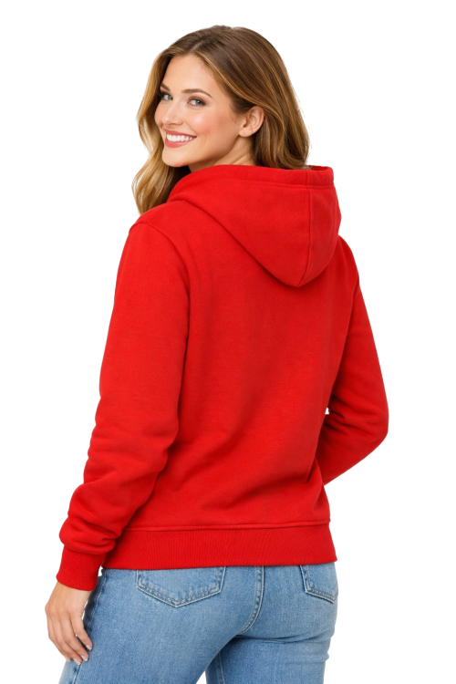 Bluza damska z kapturem kieszeniami czerwona widok z tyłu.png