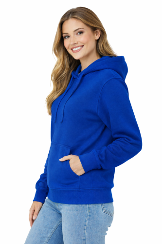 Bluza damska z kapturem kieszeniami chabrowa widok z boku.png