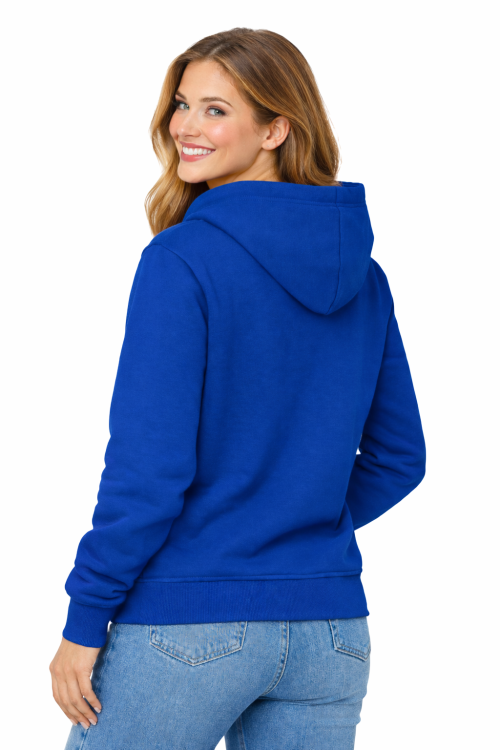 Bluza damska z kapturem kieszeniami chabrowa widok z tyłu.png