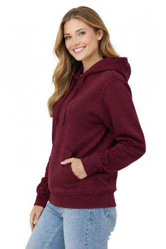 Bluza damska z kapturem kieszeniami bordowa widok z boku.png