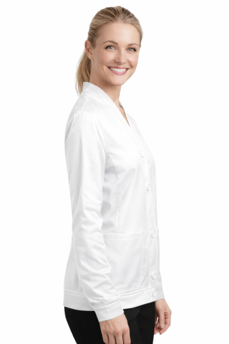 Bluza medyczna damska zapinana na guziki biała widok z boku.png