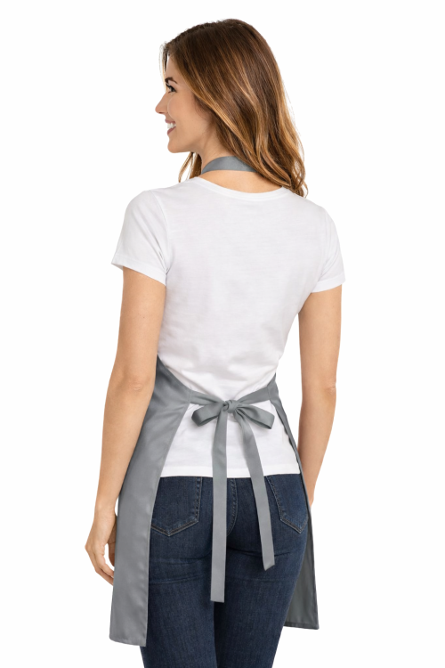 Fartuszek fryzjerski z kieszonkami wodoodporny z karczkiem i klamra do regulacji kolor szary widok z tyłu.png