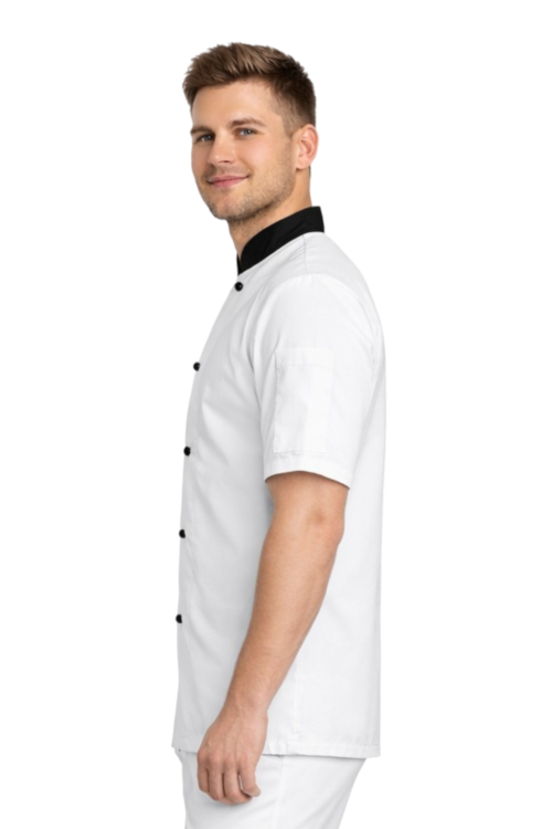 Kitel gastronomiczny męski z czarną stójką i guzikami