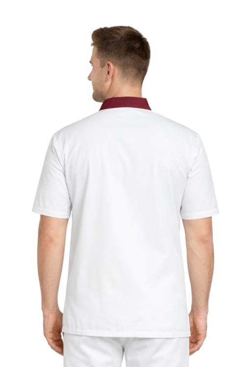 Biała męska bluza kucharska z bordową stójką