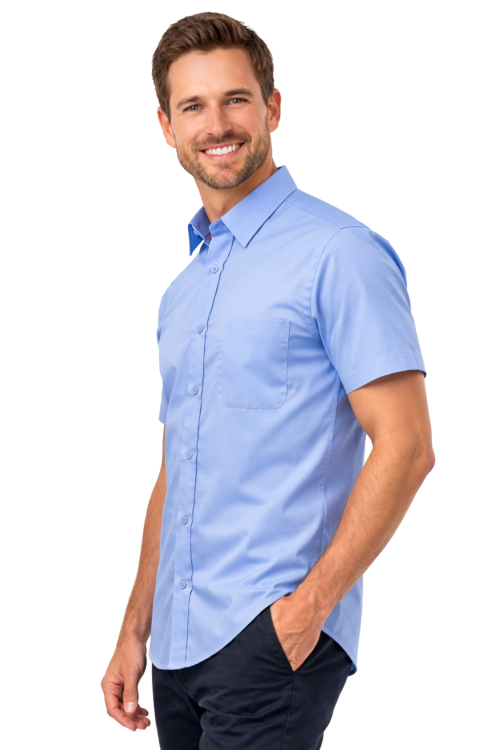 Koszula męska z krótkim rękawem zapinana na guziki niebieska widok z boku.png