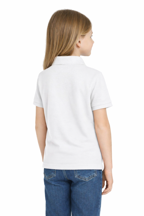 Koszulka polo dziecięca dla chłopca i dziewczynki w wieku 3-14 lat biała widok z tyłu dziewczynka.png