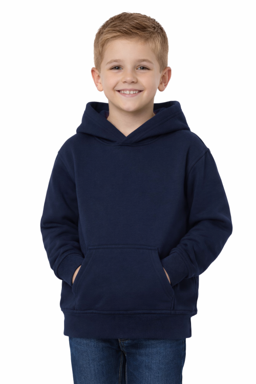 Bluza sportowa z kapturem i długim rękawem dziecięca dla chłopca i dziewczynki granatowa widok chłopca.png