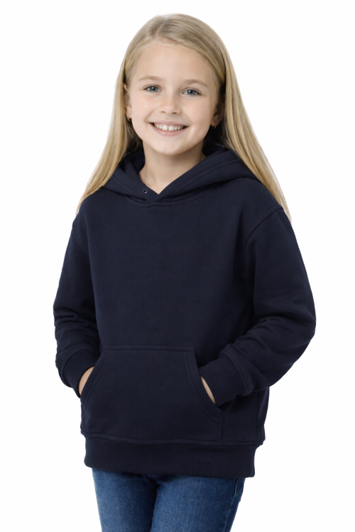 Bluza sportowa z kapturem i długim rękawem dziecięca dla chłopca i dziewczynki granatowa widok dziewczynki.png