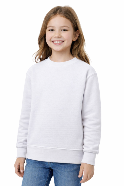 Bluza sportowa dziecięca wkładana przez głowę długi rękaw dla chłopca i dziewczynki biała widok dziewczynki.png