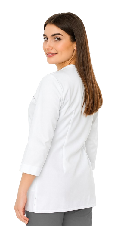 Biały żakiet medyczny damski z rękawem 3/4 i lamówką