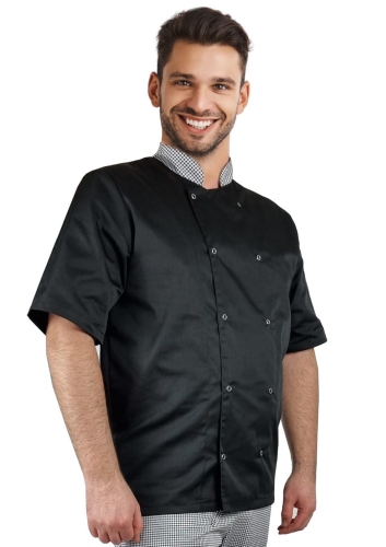 Kuharska bluza s pepita uzorkom na dugmadi i dugim rukavima.