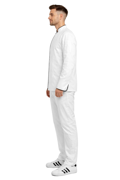Zestaw dla kucharza – profesjonalny uniform gastronomiczny ,biały z carną lamówka ,zapinany na napy