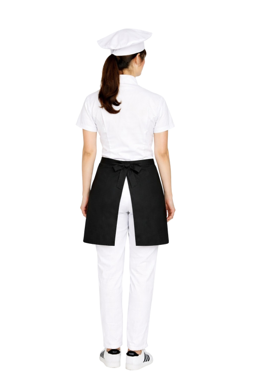 Damski zestaw kucharski, kompletny uniform kucharski z krótkim rękawem i czarną zapaską