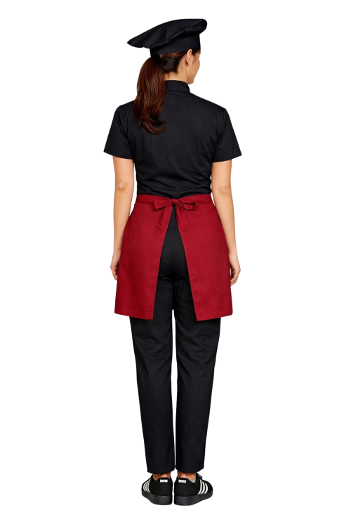 Kompletny uniform kucharski, damski zestaw kucharski w kolorze czarnym z bordową zapaską  ,krótki rękaw.png