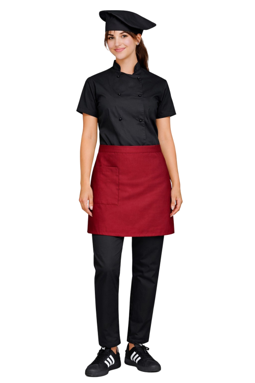 Damski zestaw kucharski, kompletny uniform kucharski,zapinany na guziki ,bordowa  zapska.png