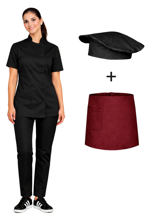 Zestaw kucharski damski, uniform kucharski kompletny czarny z krótkim rękawem i bordową zapaską.png