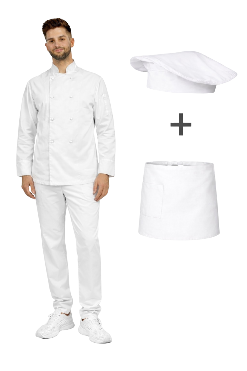 Kompletny uniform kucharski, męski  zestaw kucharski długi rękaw ,biała  zapska