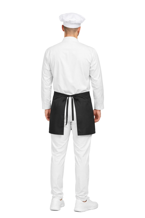 Profesjonalny uniform gastronomiczny – zestaw dla kucharza w kolorze białym ,długi rekaw ,zapinany na guziki,czarna  zapska