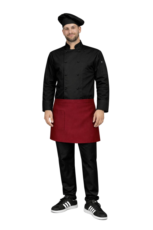 Zestaw gastronomiczny czarny z bordową zapaską  z długim rękawem ,uniform kucharza