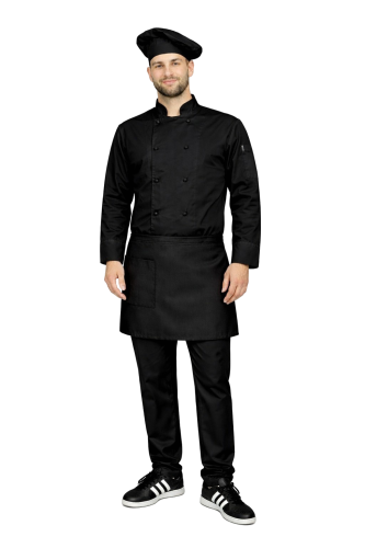 Zestaw gastronomiczny czarny z czarną  zapaską  z długim rękawem ,uniform kucharza