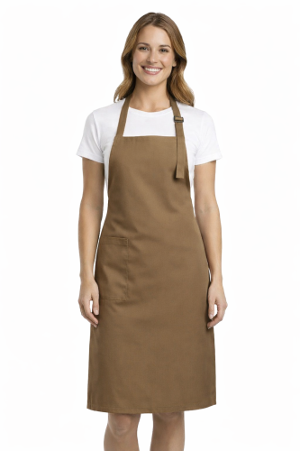 Profesjonalny fartuch gastronomiczny z kieszenią boczną regulowaną klamrą z karczkiem kolor beżowy.png