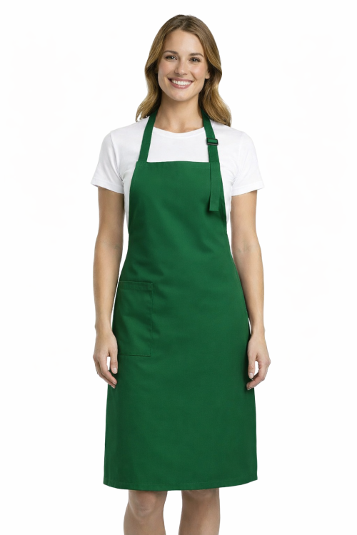 Profesjonalny fartuch gastronomiczny z kieszenią boczną regulowaną klamrą z karczkiem kolor zielony.png