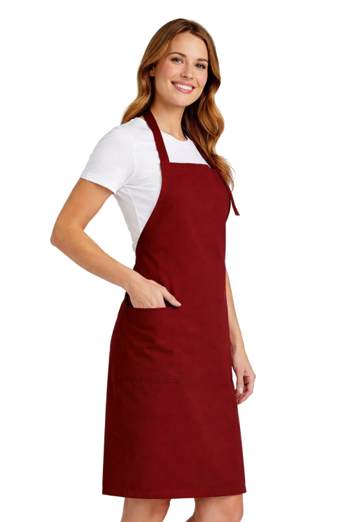 Profesjonalny fartuch gastronomiczny z kieszenią boczną regulowaną klamrą z karczkiem kolor bordowy widok z boku.png