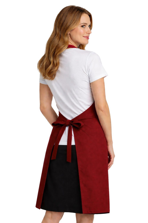 Profesjonalny fartuch gastronomiczny z kieszenią boczną regulowaną klamrą z karczkiem kolor bordowy widok z tyłu.png