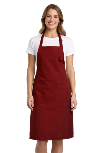Profesjonalny fartuch gastronomiczny z kieszenią boczną regulowaną klamrą z karczkiem kolor bordowy.png