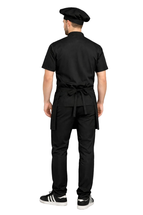 Zestaw kucharski z krótkim rękawem – uniform szefa kuchni ,czarny z czarną  zapaską